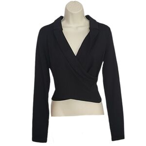 Express Faux Wrap Front Cropped Long Sleeve Pullover Black Size S